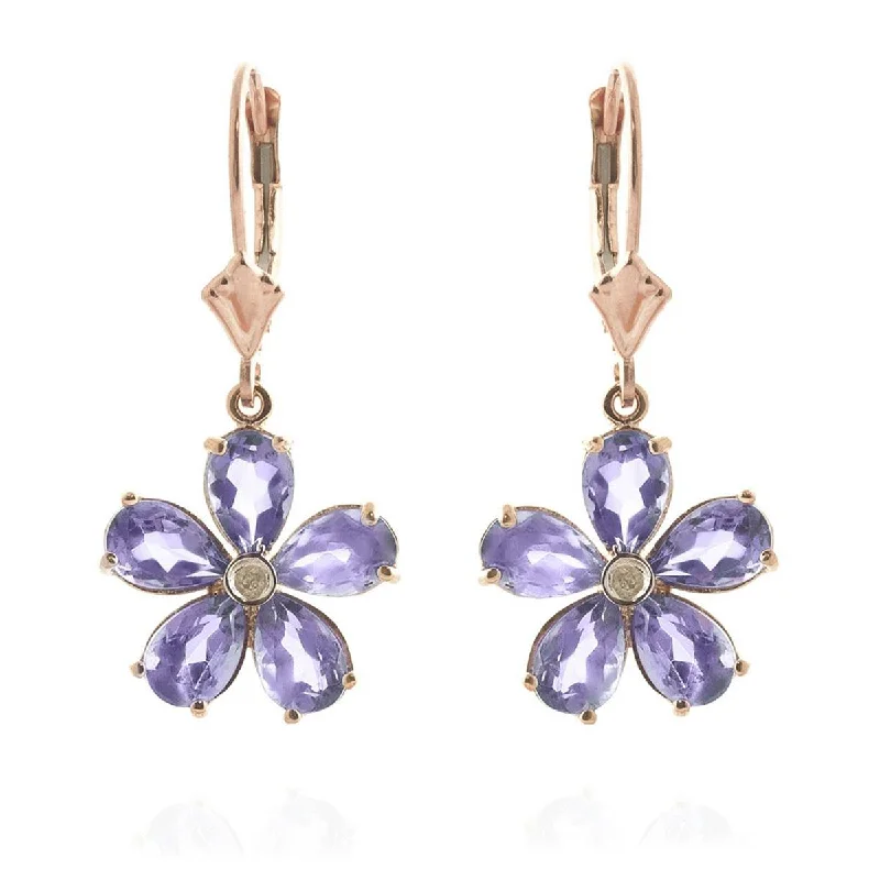 14K Solid Rose Gold Leverback Earrings w/ Tanzanites & Diamond