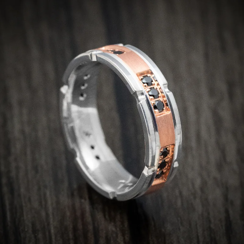 14K Two-Tone Rose and White Gold Men's Ring Custom Black Diamond Wedding Band