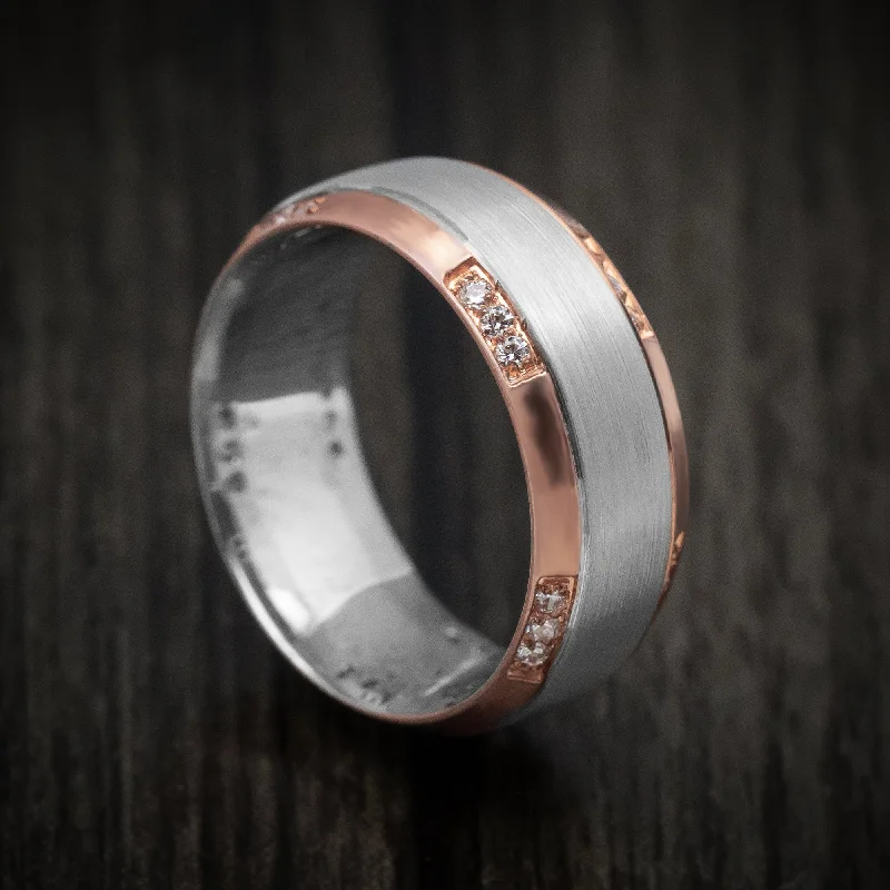 14K Two-Tone Rose and White Gold Men's Ring with Diamonds Custom Wedding Band