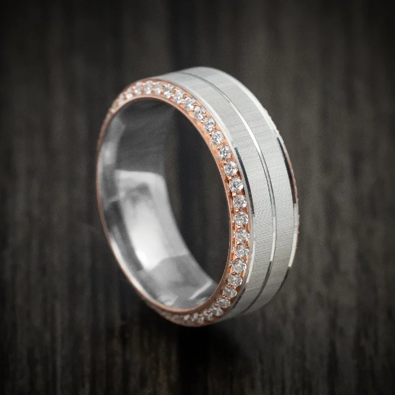 14K Two-Tone Rose and White Gold Men's Ring with Eternity Diamonds Beveled Edges