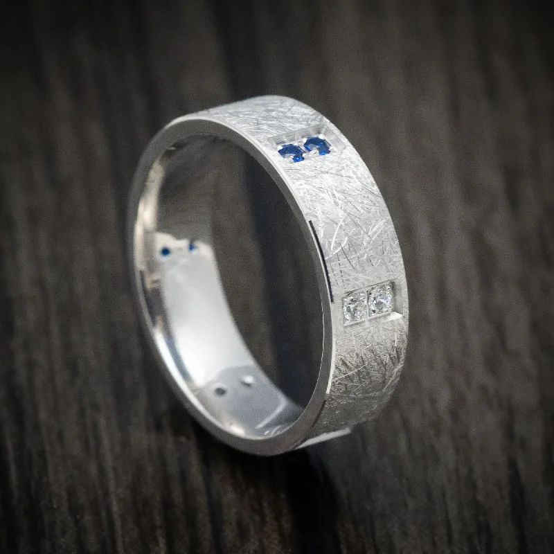 14K White Gold Men's Ring Custom Diamond and Sapphire Wedding Band