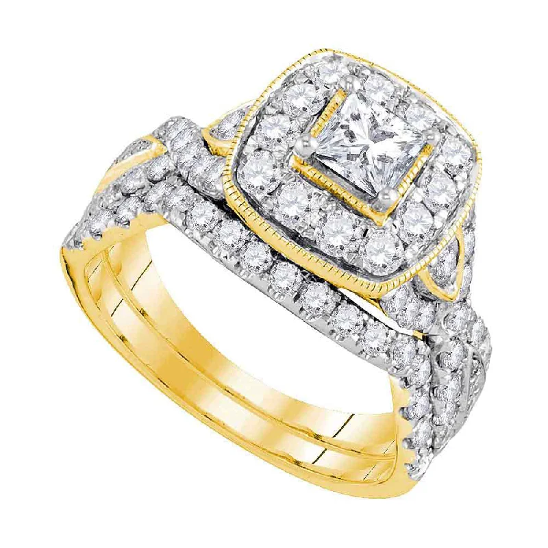 14kt Yellow Gold Princess Diamond Bridal Wedding Ring Band Set 2 Cttw