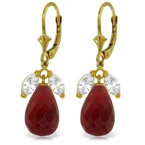 18.6 Carat 14K Solid Yellow Gold Leverback Earrings Ruby White Topaz