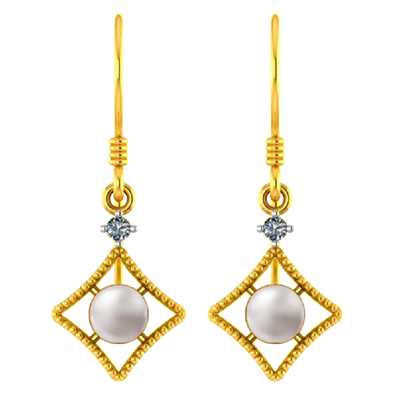 22k American Diamond Shaped Gold Earrings With A Pearl And Stone Detailing