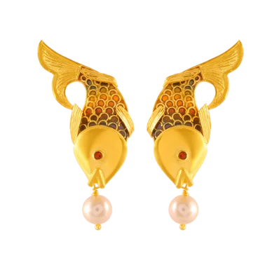 22k Gold Earrings In Fish Shape Adorned With A Pearl