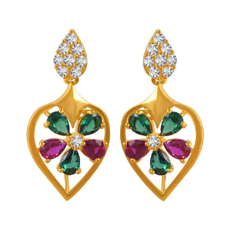 22k Gold Earrings With A Gemstone Flower On Top Of A Leaf Design And Stone Detailing