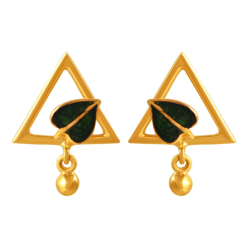 22k Gold Earrings With A Leaf Inside A Triangular Shape And A Ball Drop