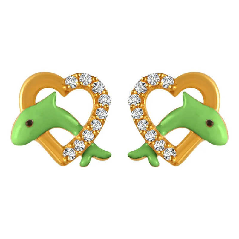 22k Gold Earrings With Green Dolphin Motifs In Stone-studded Hearts