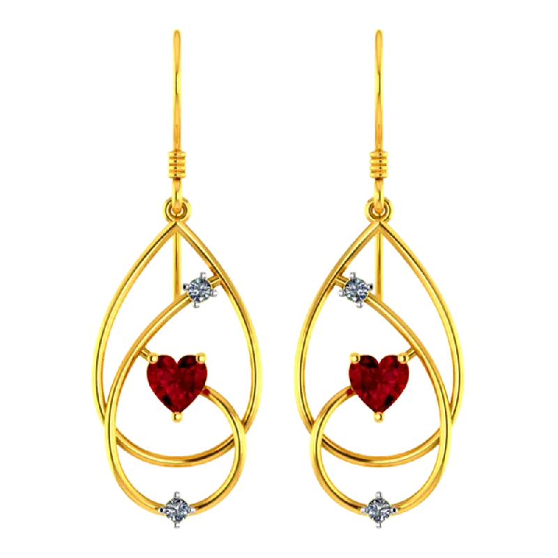 22k Gold Earrings With Intricate Design And Red Heart Shaped Stone