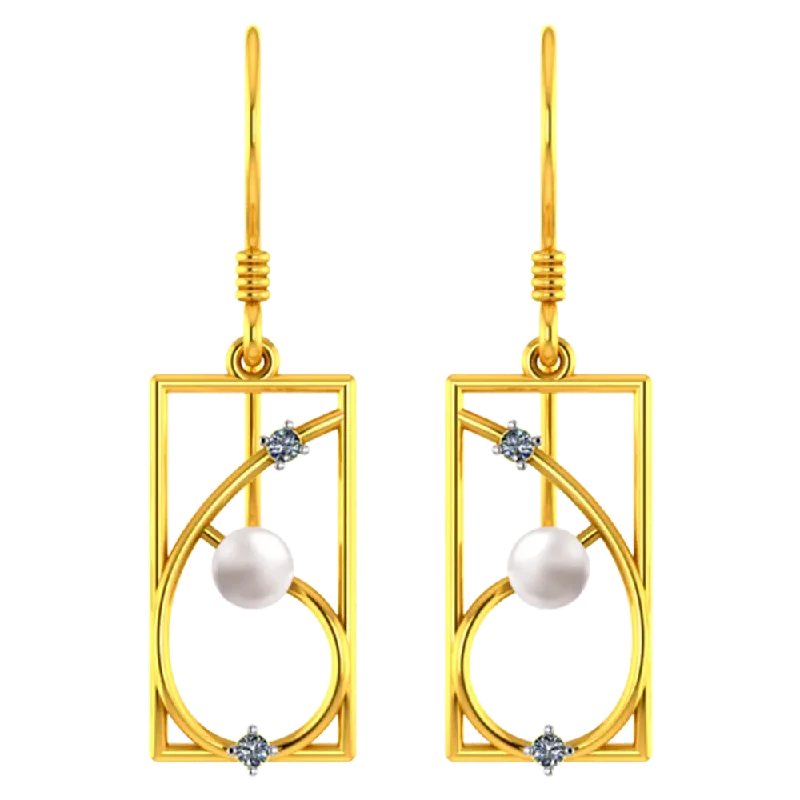 22k Rectangular Gold Earrings With Unique Design And A Pearl