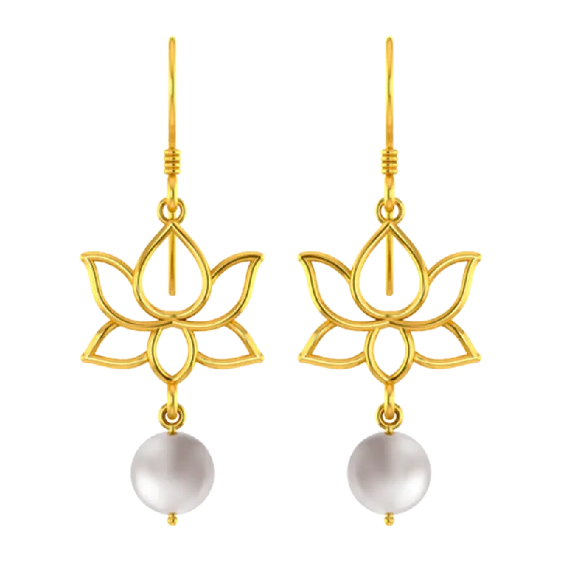 22k Unique Earrings With Gold Lotus Design And A Hanging Pearl