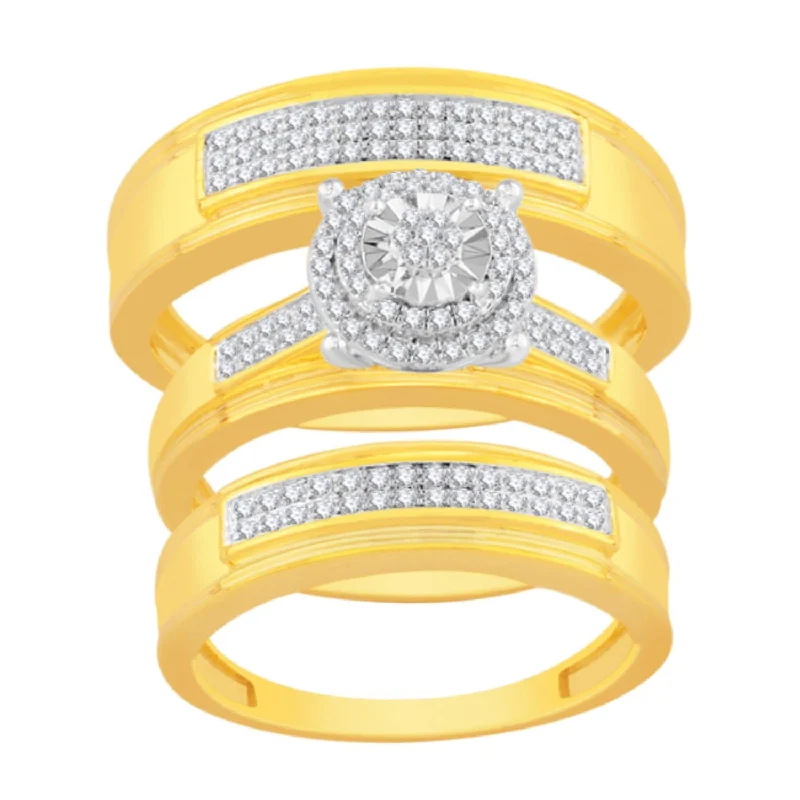 3/8 CTW Diamond Halo Wedding Trio Set in 10KT Yellow Gold