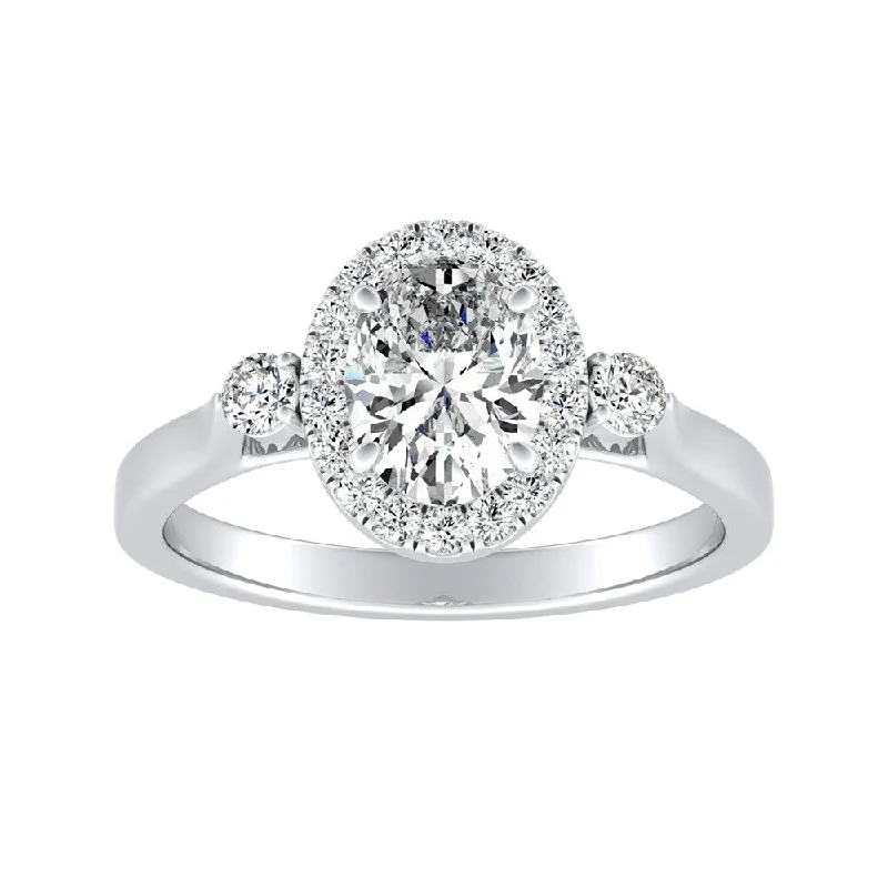 3-stone Halo Oval Diamond Engagement Ring 3/4ctw 14k Gold by Auriya