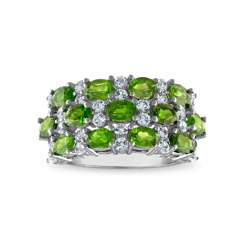 4X3MM Oval Chrome Diopside and White Topaz Fashion Ring in Rhodium Plated Sterling Silver