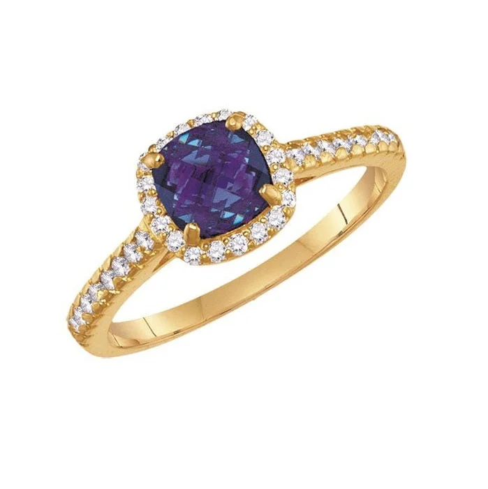 6MM Cushion Alexandrite and White Sapphire Birthstone Ring in 10KT Yellow Gold