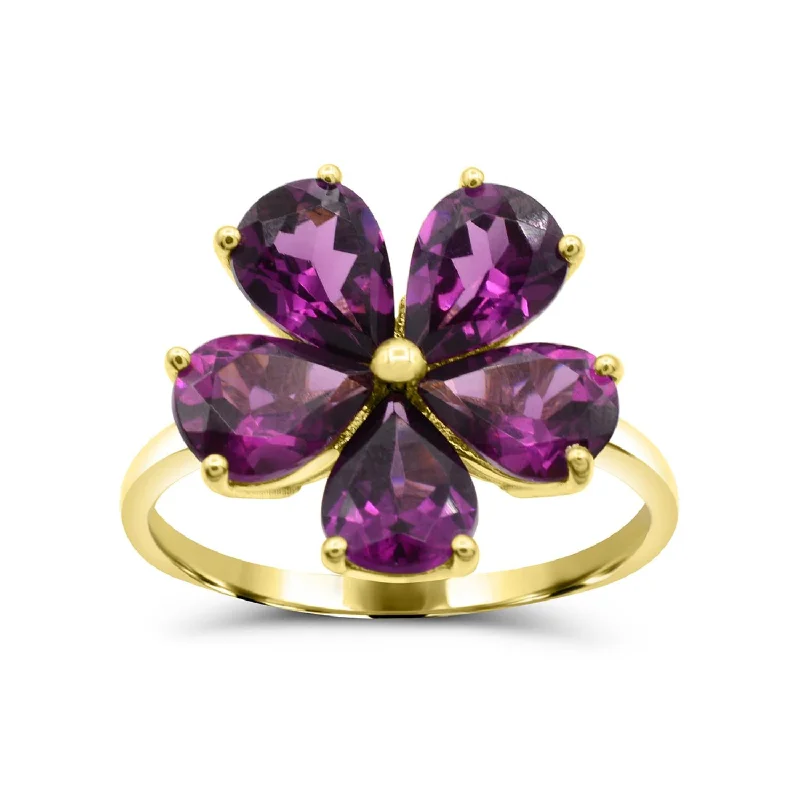 7X5MM Pear Rhodolite Garnet Gem Stone Flower Ring in 10KT Yellow Gold