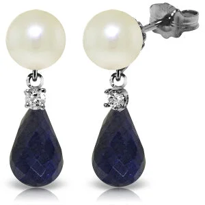 8.7 Carat 14K Solid White Gold Stud Earrings Diamond, Sapphire Pearl