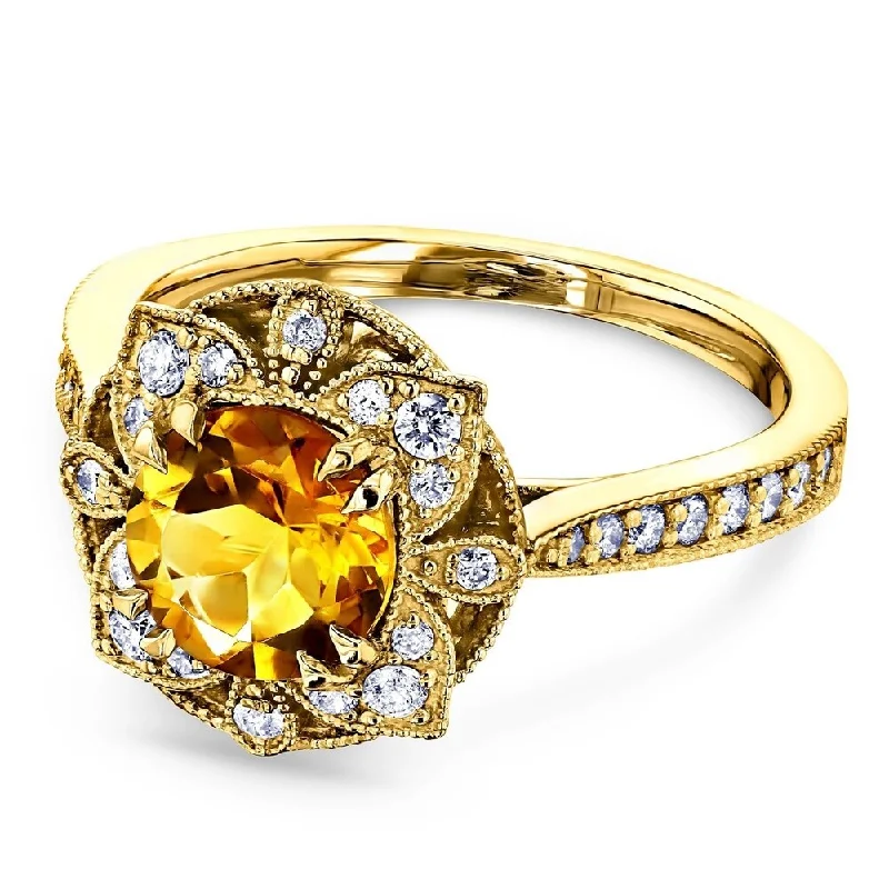 Annello by Kobelli 14k Gold 1 1/4ct TGW Round Orange Citrine and White Diamond Lotus Floral Engagement Ring