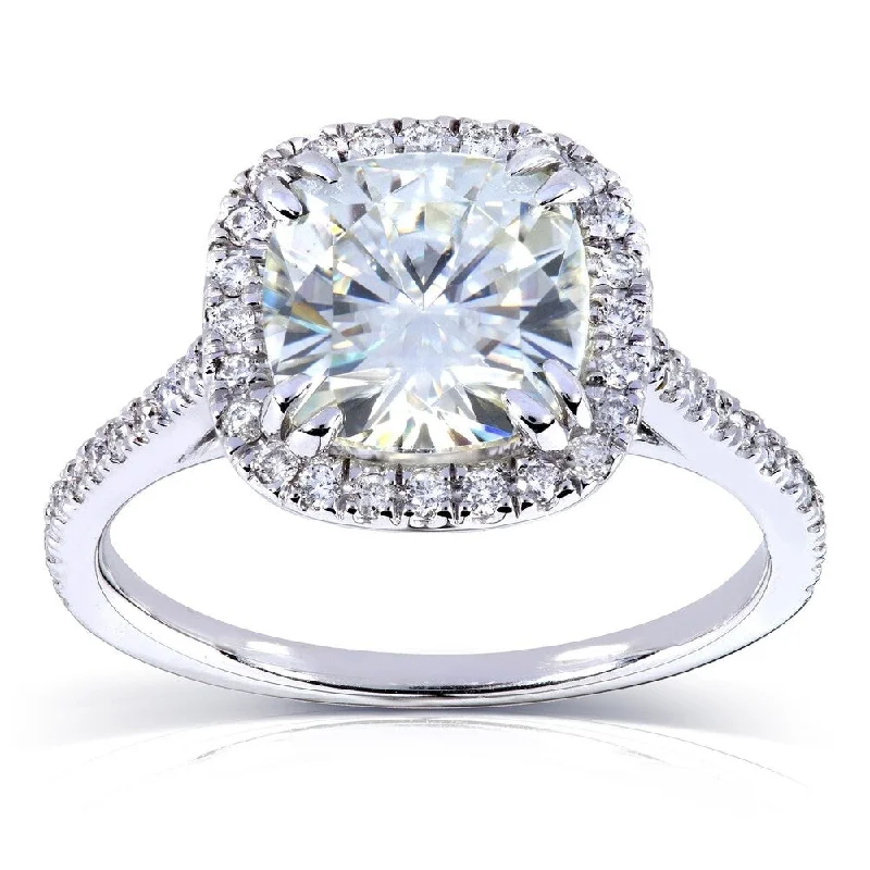 Annello by Kobelli 14k White Gold 2 1/4ct TGW Cushion Moissanite and Diamond Halo Engagement Ring