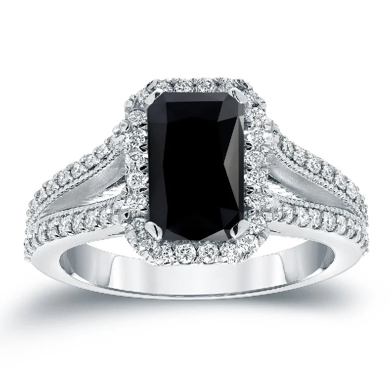 Auriya 18k Gold 2 1/2ctw Emerald-cut Halo Black Diamond Engagement Ring (H-I, SI1-SI2)