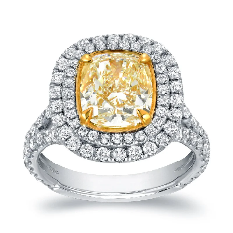 Auriya 18k Two-tone Gold 4 1/5ctw Halo Cushion-cut Yellow Diamond Engagement Ring Certified H-I, VS1-VS2