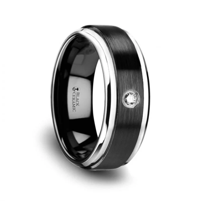 Black Ceramic Diamond Wedding Band with Polished Beveled Step Edges & Raised Brush Center