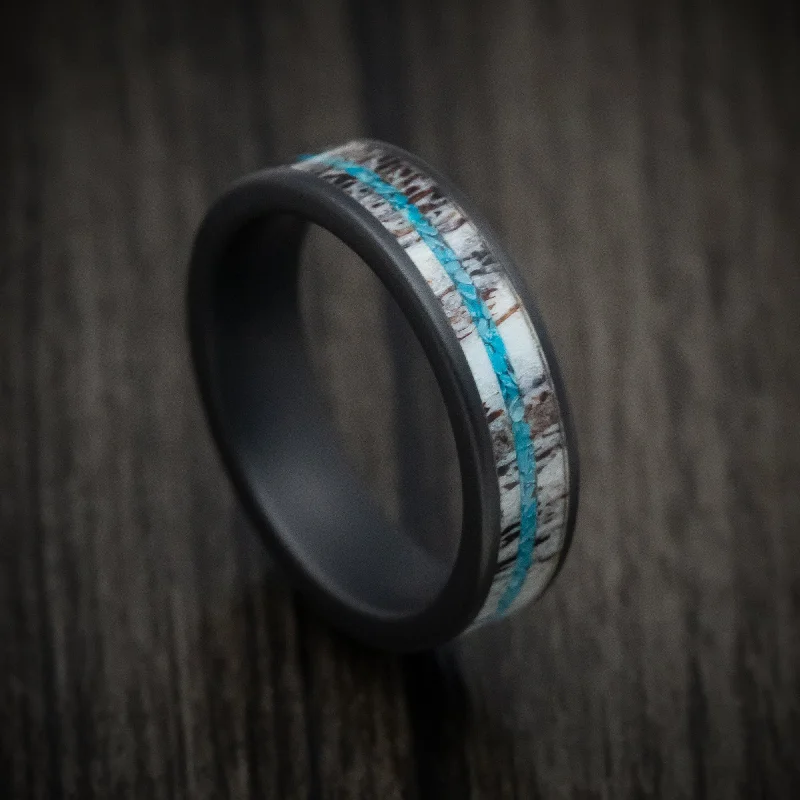 Black Ceramic Men's Ring with Antler and Turquoise Inlays