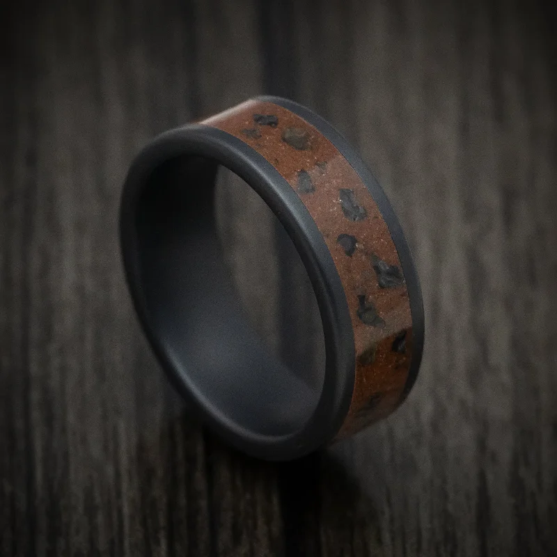 Black Ceramic Men's Ring with Red Sand and Black Dinosaur Bone Inlay