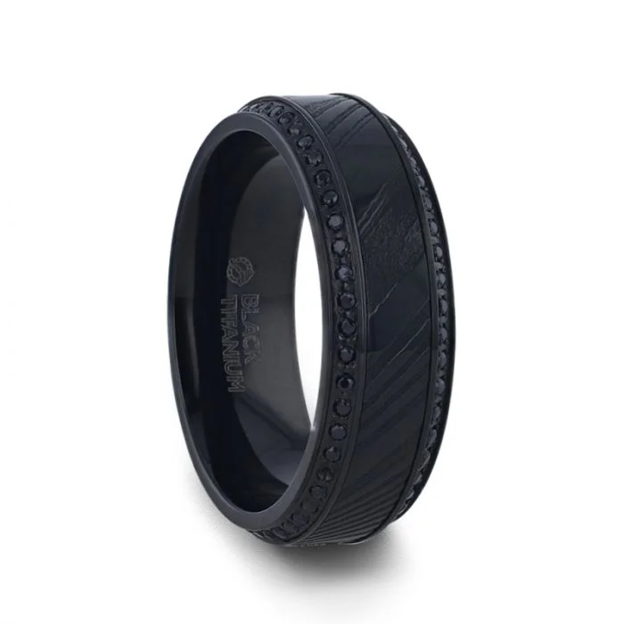 Black Damascus Steel Inlaid Polished Black Titanium Men's Wedding Band With Black Sapphire Beveled Edges