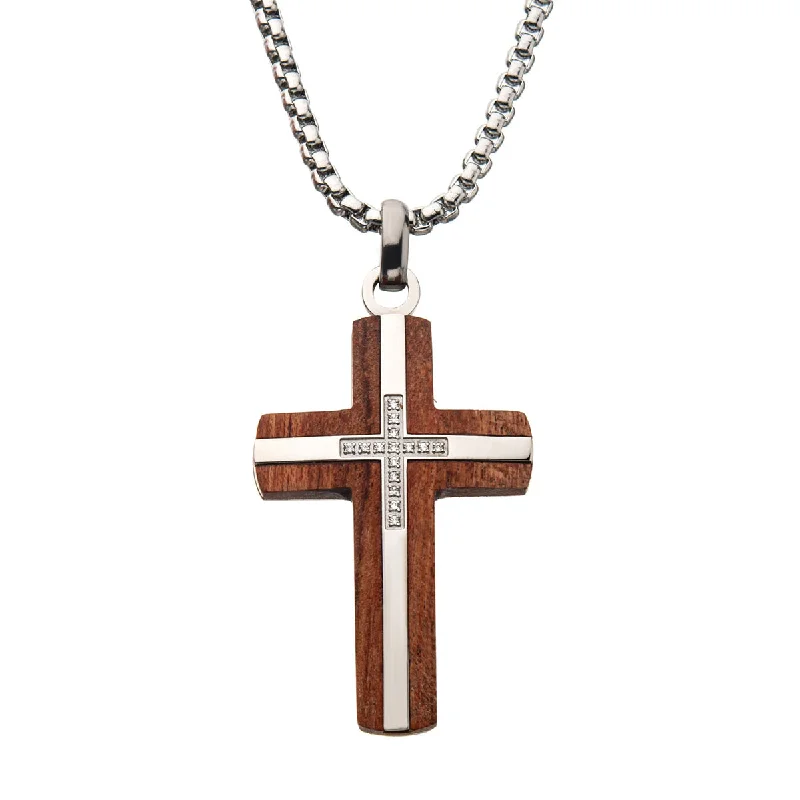 Bubinga Wood, stainless Steel and diamond Cross Pendant