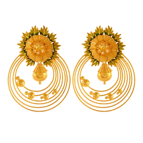 Circular Spiral 22k Gold Stud Earrings With Floral & Leafy Details