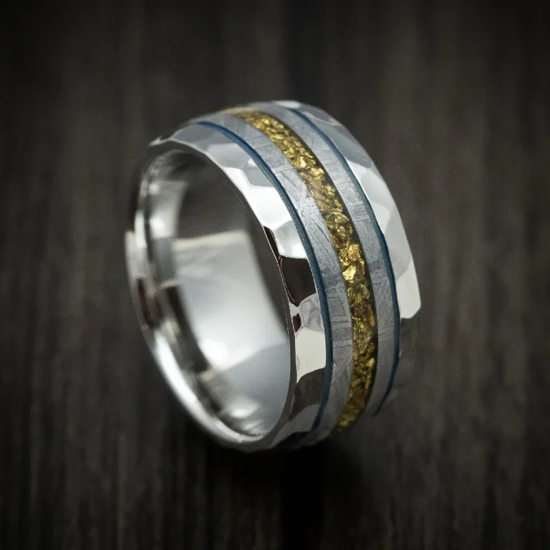 Cobalt Men's Ring with Gibeon Meteorite and Gold Nugget Inlays Custom Made Band