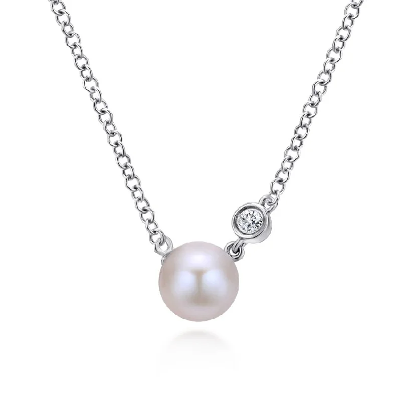 Cultured Pearl and Bezel Set Diamond Necklace