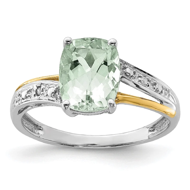 Cushion Green Quartz and Diamond Ring in Sterling Silver; Size 7