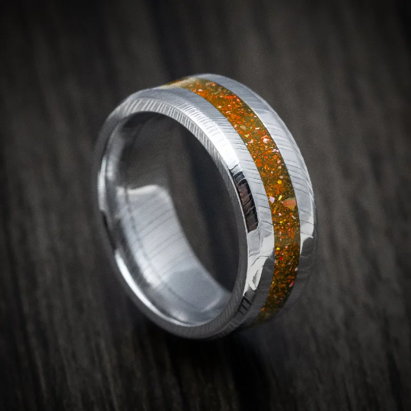 Damascus Steel and DiamondCast Inlay Men's Ring Custom Made