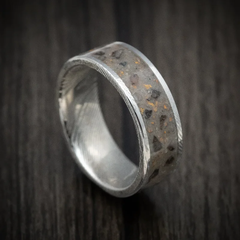 Damascus Steel Men's Ring Tan Sand and Black Dinosaur Bone with Gold Flakes Inlay