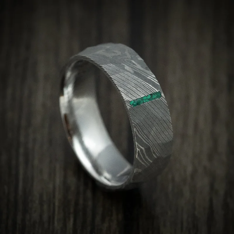 Damascus Steel Men's Ring with Stone Vertical Inlay Custom Made Band