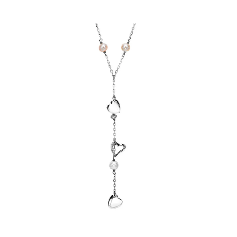 Delicate Pearl and Heart Lariat Necklace