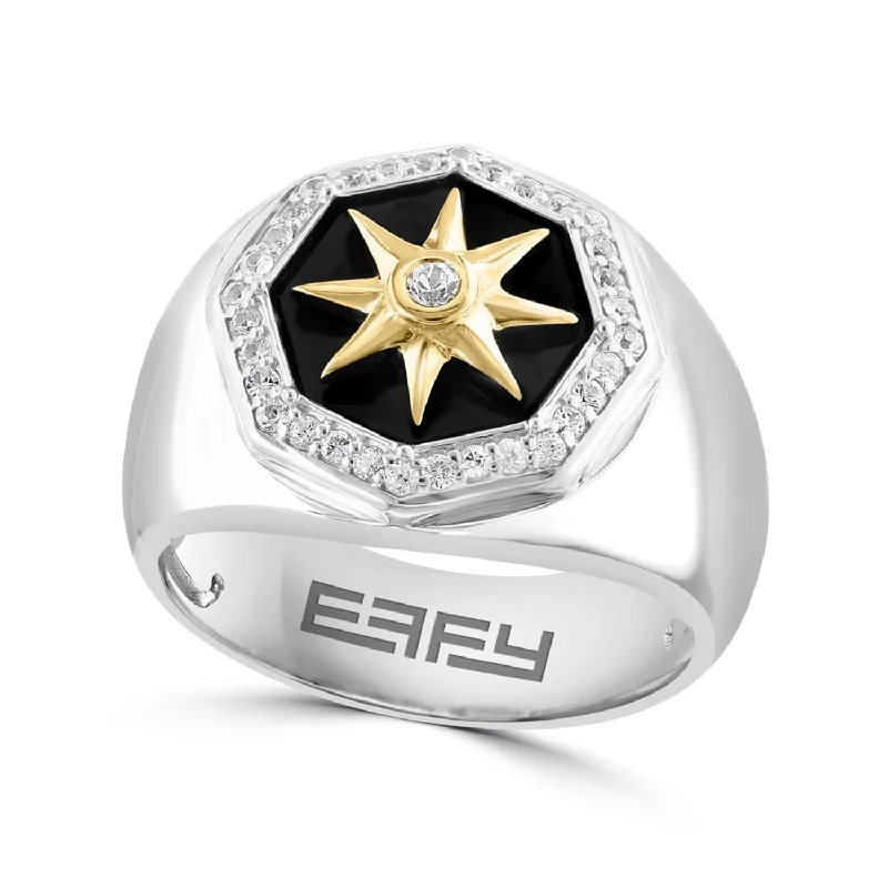 EFFY 12MM Octagon Onyx and White Sapphire Fashion Ring in Sterling Silver with a Gold Plated North Star