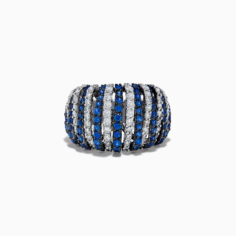 14K White Gold Blue Sapphire and Diamond Striped Ring