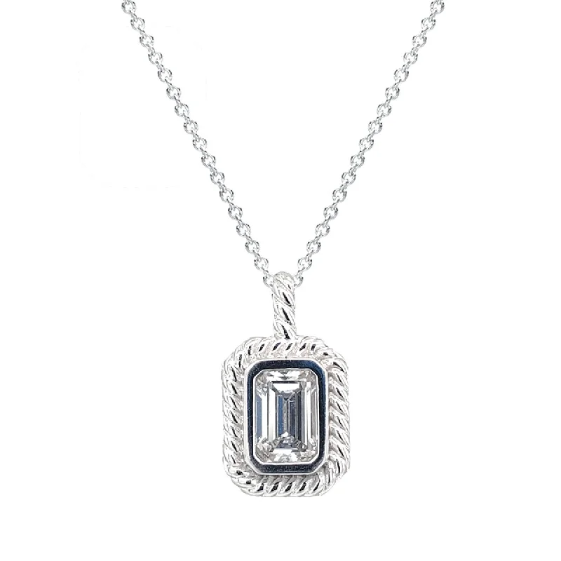 Emerald Cut Diamond Bezel Set Twisted Pendant Necklace in White Gold, 0.50 cttw