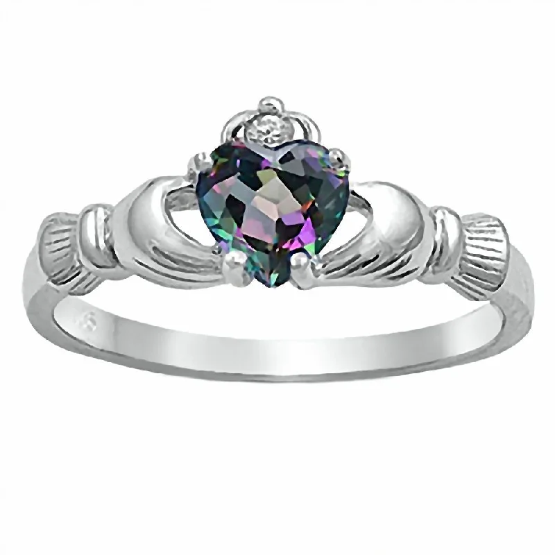 Eris: 0.765ct Heart cut Mystic Rainbow Topaz Claddagh Ring Silver