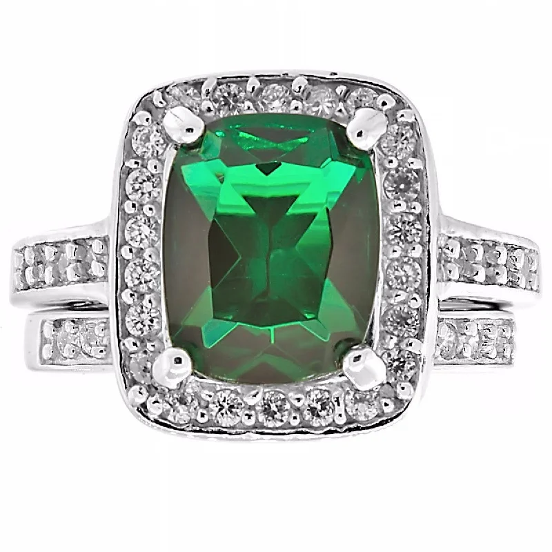 Esadowa: 3.43ct Emerald-cut Emerald Ice CZ 2 Piece Wedding Ring Set