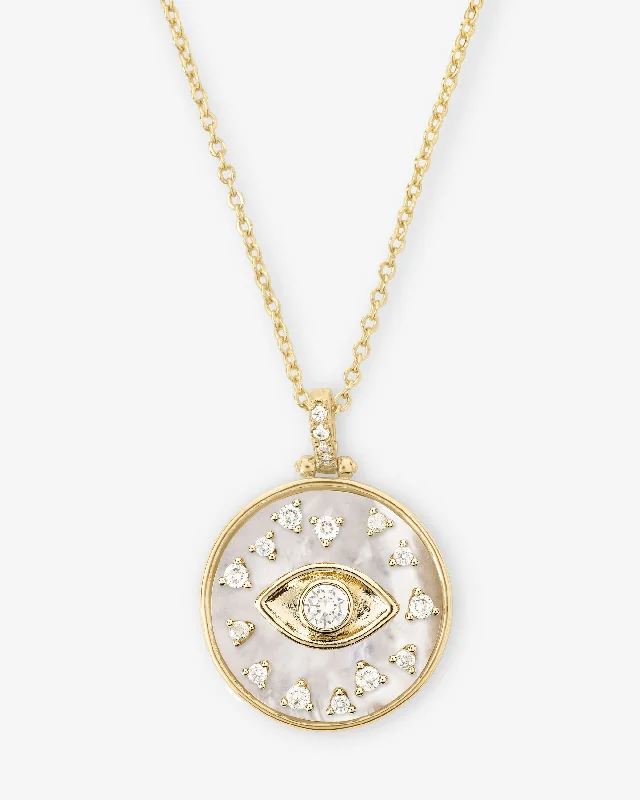 Evil Eye Medallion Necklace - Gold|White Diamondettes