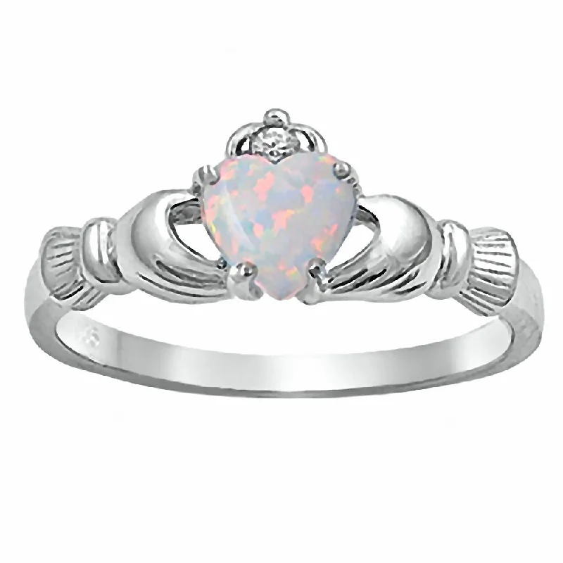 Fidelity: 0.765ct Heart cut Fiery White Opal Claddagh Ring Silver