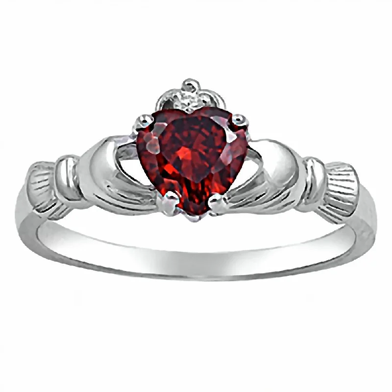 Glenda: 0.765ct Heart cut Red Fire Garnet Claddagh Ring Silver