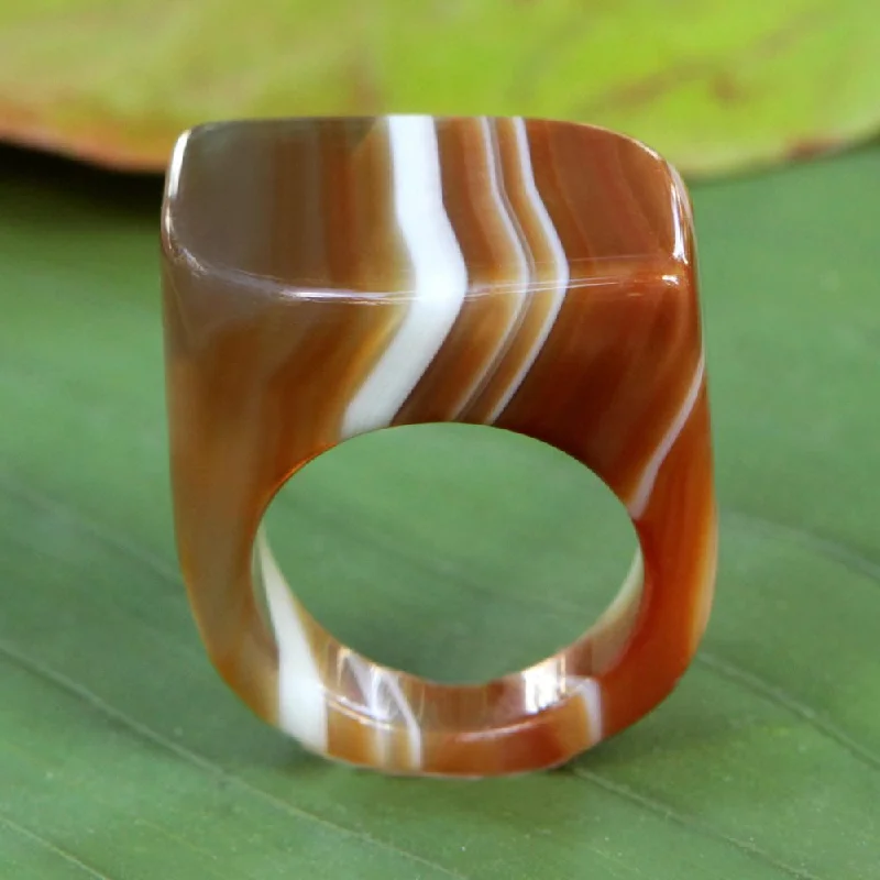 Handmade Agate 'Caramel Ripple' Ring (Brazil)