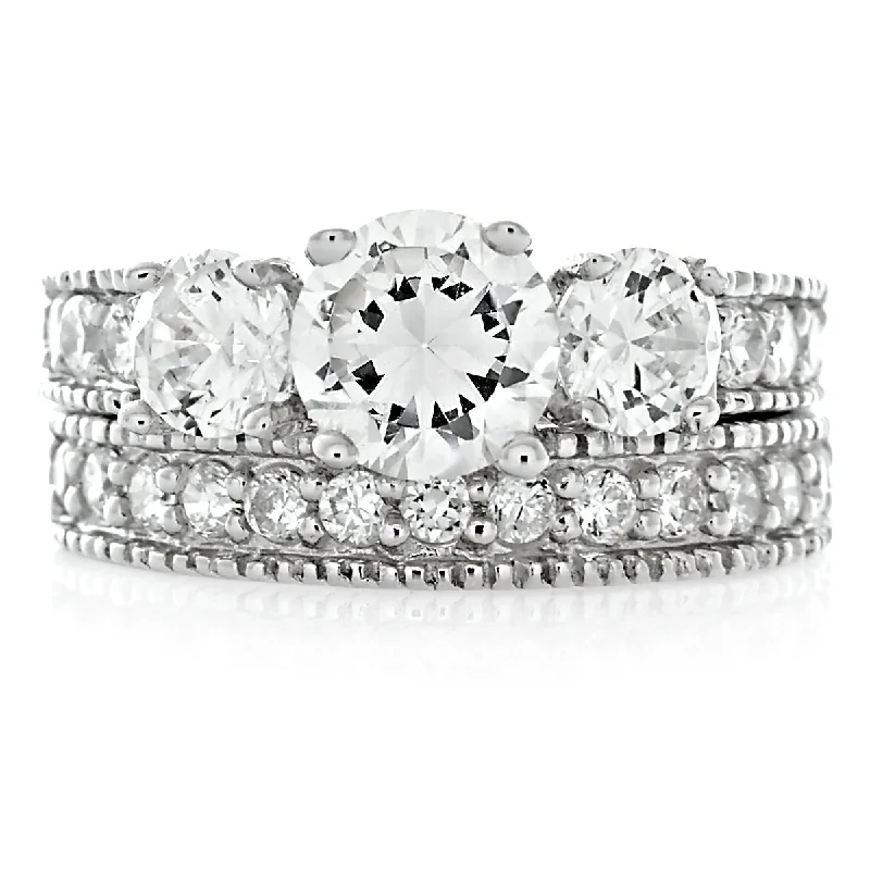 Harlow: 3-Stone Ice on Fire CZ 2 Pc Wedding Ring Set 925 Sterling Silver