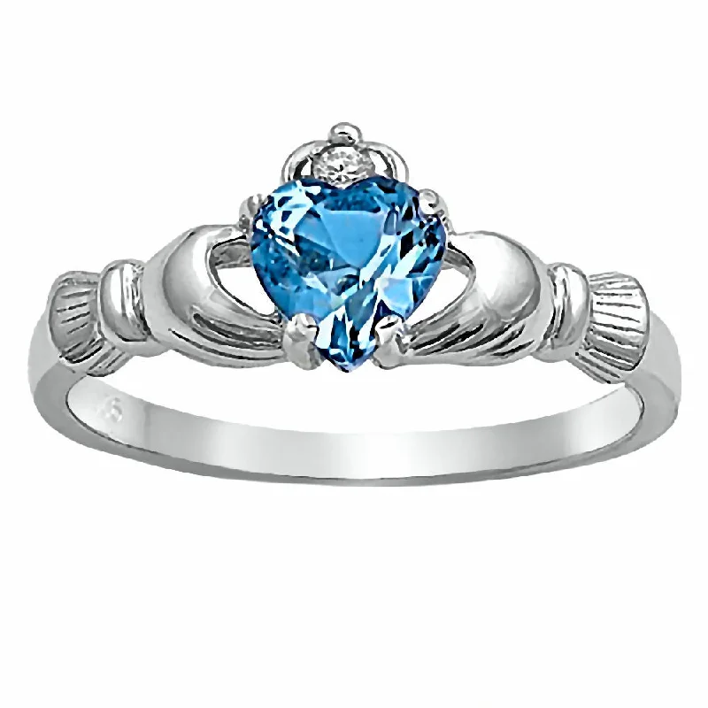 Havana: 0.765ct Heart cut Blue Topaz CZ Claddagh Ring Sterling Silver