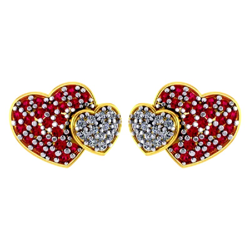 Heart-shaped 22k Gold Earrings With American Diamond And Ruby Detailing